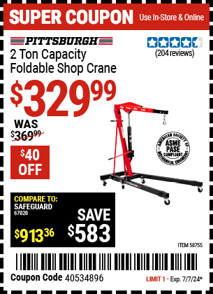 Buy the PITTSBURGH 2 Ton Capacity Foldable Shop Crane (Item 58755) for $329.99, valid through 7/7/2024.