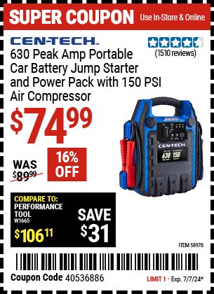 Buy the CEN-TECH 630 Peak Amp Portable Jump Starter and Power Pack with 150 PSI Air Compressor (Item 58978) for $74.99, valid through 7/7/2024.
