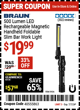 Buy the BRAUN 500 Lumen LED Rechargeable Magnetic Handheld Foldable Slim Bar Work Light (Item 59536) for $19.99, valid through 7/7/2024.