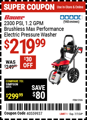 Buy the BAUER 2300 PSI 1.2, GPM Brushless Max Performance Electric Pressure Washer (Item 57656) for $219.99, valid through 7/7/2024.