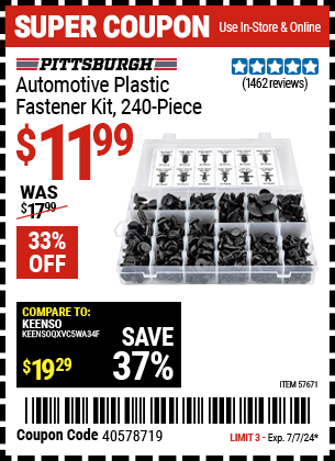 Buy the PITTSBURGH Automotive Plastic Fastener Kit, 240 Pc. (Item 57671) for $11.99, valid through 7/7/2024.