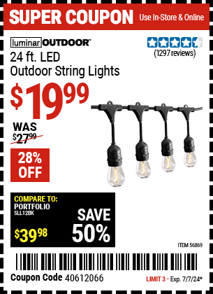 Buy the LUMINAR OUTDOOR 24 ft., 12-Bulb Shatterproof Outdoor LED String Lights, Black (Item 56869) for $19.99, valid through 7/7/2024.