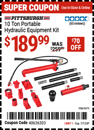 Buy the PITTSBURGH 10 Ton Portable Hydraulic Equipment Kit (Item 58775) for $189.99, valid through 7/7/2024.