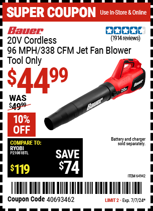 Buy the BAUER 20V Cordless Jet Fan Blower, Tool Only (Item 64942) for $44.99, valid through 7/7/2024.