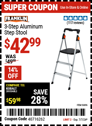 Buy the FRANKLIN 3 Step Aluminum Step Stool (Item 56896) for $42.99, valid through 7/7/2024.