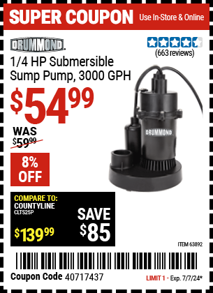 Buy the DRUMMOND 1/4 HP Submersible Sump Pump 3000 GPH (Item 63892) for $54.99, valid through 7/7/2024.