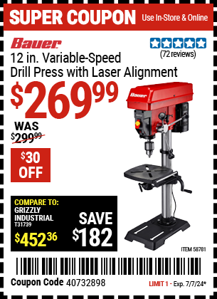Buy the BAUER 12 in. Variable-Speed Drill Press with Laser Alignment (Item 58781) for $269.99, valid through 7/7/2024.