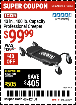 ICON 43 in. Professional Creeper for $99.99 – Harbor Freight Coupons