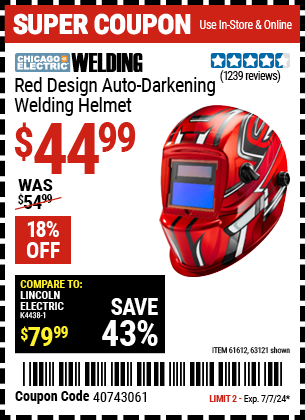 Buy the CHICAGO ELECTRIC Red Design Auto Darkening Welding Helmet (Item 63121/61612) for $44.99, valid through 7/7/2024.