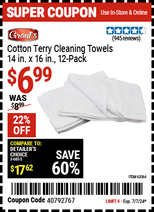 Buy the GRANT'S Cotton Terry Cleaning Towel 14 in. x 16 in. 12 Pk. (Item 63364) for $6.99, valid through 7/7/2024.