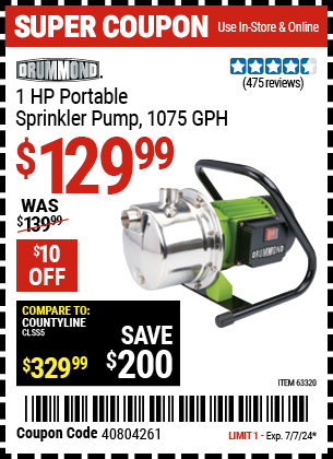 Buy the DRUMMOND 1 HP Portable Sprinkling Pump, 1075 GPH (Item 63320) for $129.99, valid through 7/7/2024.