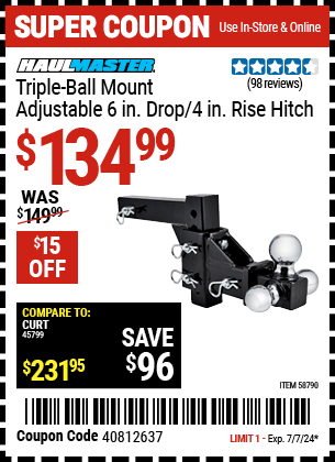 Buy the HAUL-MASTER Triple-Ball Mount Adjustable 6 in. Drop/ 4 in. Rise Hitch (Item 58790) for $134.99, valid through 7/7/2024.
