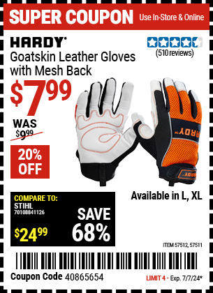 Buy the HARDY Goatskin Leather Gloves with Mesh Back, Large (Item 57511/57512) for $7.99, valid through 7/7/2024.
