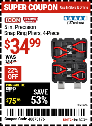 Buy the ICON 5 in. Snap Ring Pliers, 4 Pc. (Item 57796) for $34.99, valid through 7/7/2024.