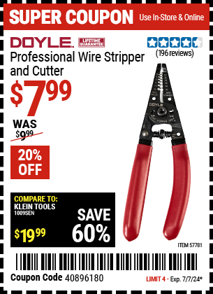 Buy the DOYLE Professional Wire Stripper And Cutter (Item 57781) for $7.99, valid through 7/7/2024.