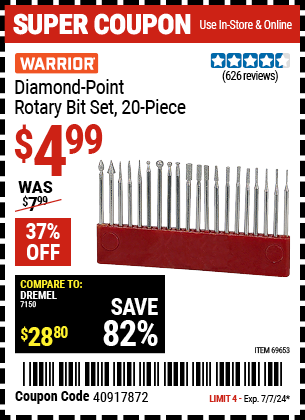 Buy the WARRIOR Diamond Point Rotary Bit Set 20 Pc. (Item 69653) for $4.99, valid through 7/7/2024.