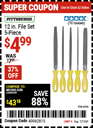 Buy the PITTSBURGH 12 in. File Set 5 Pc. (Item 60368) for $4.99, valid through 7/7/2024.