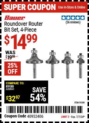 Buy the BAUER Roundover Router Bit Set, 4-Piece (Item 59308) for $14.99, valid through 7/7/2024.