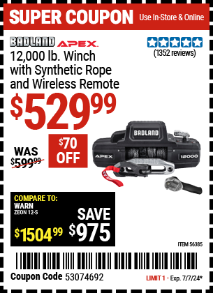 Buy the BADLAND APEX 12000 lb. Winch with Synthetic Rope and Wireless Remote (Item 56385) for $529.99, valid through 7/7/2024.