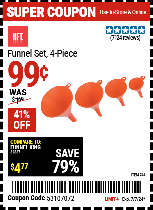 Buy the HFT Funnel Set 4 Pc. (Item 00744) for $0.99, valid through 7/7/2024.
