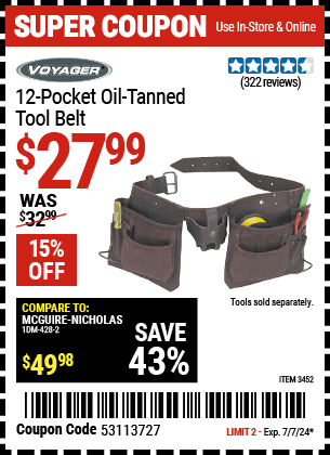 Buy the VOYAGER 12 Pocket Oil Tanned Tool Belt (Item 03452) for $27.99, valid through 7/7/2024.