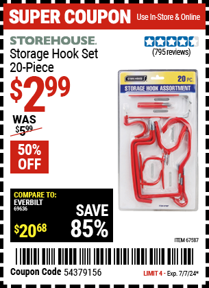 Buy the STOREHOUSE Storage Hook Set 20 Pc. (Item 67587) for $2.99, valid through 7/7/2024.