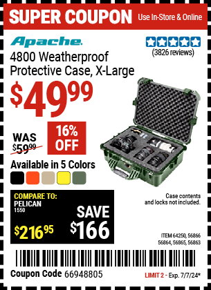 Buy the APACHE 4800 Weatherproof Protective Case, X-Large, Green (Item 56863/56864/56865/56866/64250) for $49.99, valid through 7/7/2024.