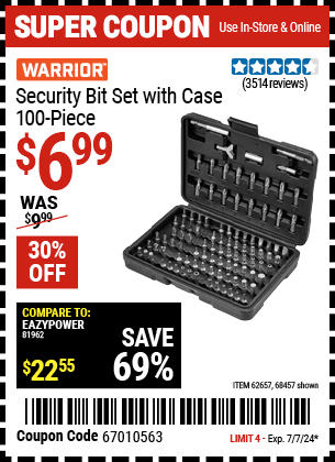 Buy the WARRIOR Security Bit Set with Case, 100 Pc. (Item 68457/62657) for $6.99, valid through 7/7/2024.