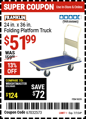 Buy the FRANKLIN 24 in. x 36 in., Folding Platform Truck (Item 58299) for $51.99, valid through 7/7/2024.
