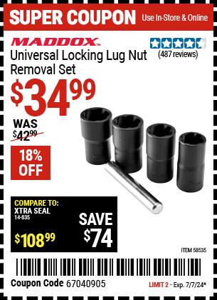 Buy the MADDOX Universal Locking Lug Nut Removal Set (Item 58535) for $34.99, valid through 7/7/2024.