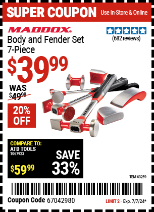 Buy the MADDOX Body And Fender Set 7 Pc. (Item 63259) for $39.99, valid through 7/7/2024.