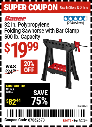 Buy the BAUER 32 in. Polypropylene Folding Sawhorse with Bar Clamp, 500 lb. Capacity (Item 58874) for $19.99, valid through 7/7/2024.