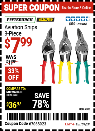 Buy the PITTSBURGH Aviation Snips 3 Pc. (Item 62157) for $7.99, valid through 7/7/2024.