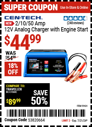 CEN-TECH 2/10/50 Amp, 12V Manual Charger with Engine Start for $44.99 ...