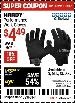 Buy the HARDY Performance Work Gloves (Item 62432/62429/62433/62434/62426/64178/64179) for $4.49, valid through 7/21/2024.