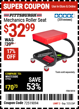 Buy the PITTSBURGH AUTOMOTIVE Mechanic's Roller Seat (Item 58518) for $32.99, valid through 7/21/2024.