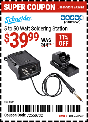 Buy the SCHNEIDER Corded 5 To 50 Watt Soldering Station (Item 57364) for $39.99, valid through 7/21/2024.