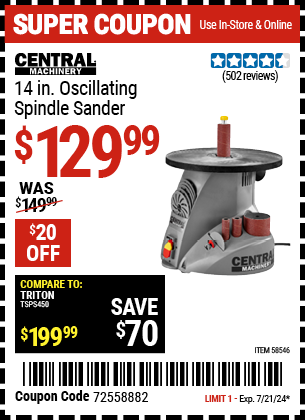 Buy the CENTRAL MACHINERY 14 in. Oscillating Spindle Sander (Item 58546) for $129.99, valid through 7/21/2024.