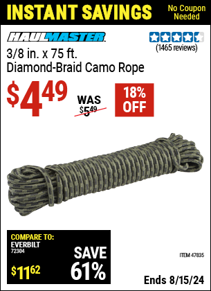 Buy the HAUL-MASTER 3/8 in. x 75 ft. Camouflage Polypropylene Rope (Item 47835) for $4.49, valid through 8/15/2024.