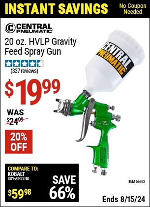 Buy the CENTRAL PNEUMATIC 20 Oz. HVLP Gravity Feed Spray Gun (Item 56982) for $19.99, valid through 8/15/2024.