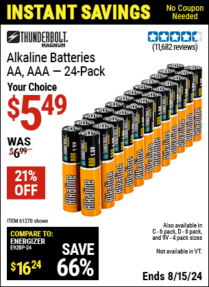 Buy the THUNDERBOLT Alkaline Batteries (Item 61271/92404/61270/61272/92406/61279/92408) for $5.49, valid through 8/15/2024.