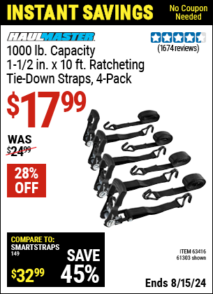 Buy the HAUL-MASTER 1000 lbs. Capacity 1-1/2 in. x 10 ft. Ratcheting Tie Down Straps 4 Pk. (Item 61303) for $17.99, valid through 8/15/2024.
