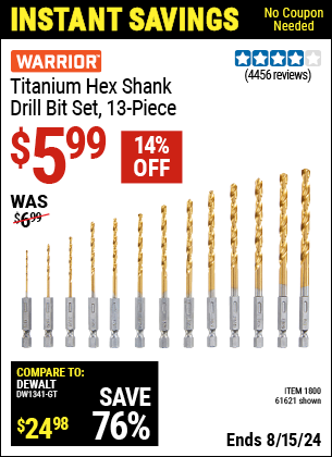 Buy the WARRIOR Titanium Hex Shank Drill Bit Set, 13 Pc. (Item 61621/1800) for $5.99, valid through 8/15/2024.