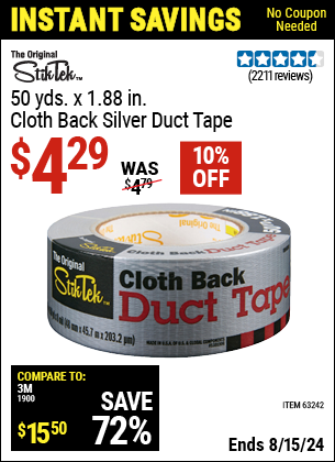 Buy the STIKTEK 50 Yds. x 1.88 in. Cloth Back Silver Duct Tape (Item 63242) for $4.29, valid through 8/15/2024.