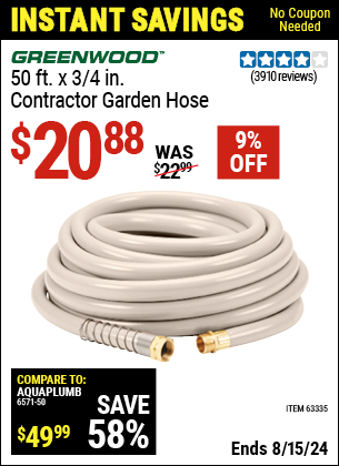 Buy the GREENWOOD 3/4 in. x 50 ft. Commercial Duty Garden Hose (Item 63335) for $20.88, valid through 8/15/2024.