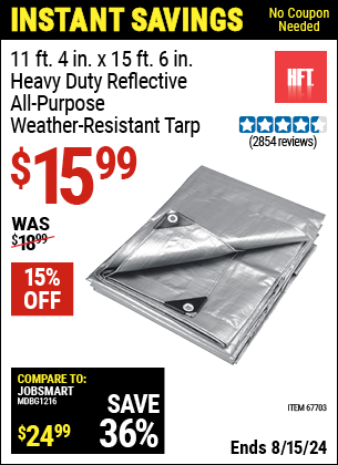 Buy the HFT 11 ft. 4 in. x 15 ft. 6 in. Silver/Heavy Duty Reflective All Purpose/Weather Resistant Tarp (Item 67703) for $15.99, valid through 8/15/2024.