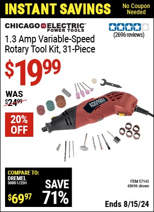 Buy the CHICAGO ELECTRIC Heavy Duty Variable Speed Rotary Tool Kit 31 Pc. (Item 68696/57143) for $19.99, valid through 8/15/2024.