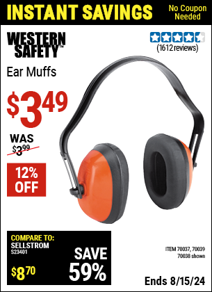 Buy the WESTERN SAFETY Industrial Ear Muffs (Item 70038/70037/70039) for $3.49, valid through 8/15/2024.