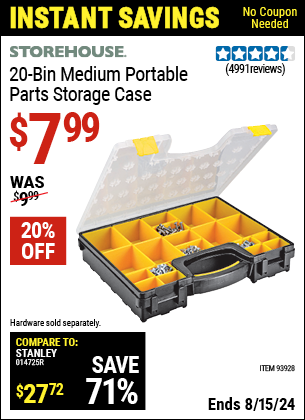 Buy the STOREHOUSE 20-Bin Medium Portable Parts Storage Case (Item 93928) for $7.99, valid through 8/15/2024.