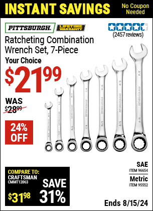 Buy the PITTSBURGH Combination Ratcheting Wrench Set 7 Pc. (Item 95552/96654) for $21.99, valid through 8/15/2024.